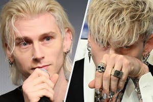 MGK wears a black shirt. He also appears in a cream-colored suit with black in it and silver hoop earrings with silver rings.