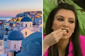 On the left, Greece at sunset, and on the right, Kim Kardashian eating fries