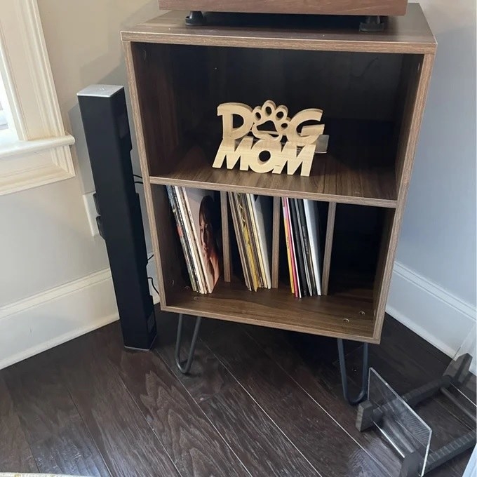 The audio table with records stored on the shelves 
