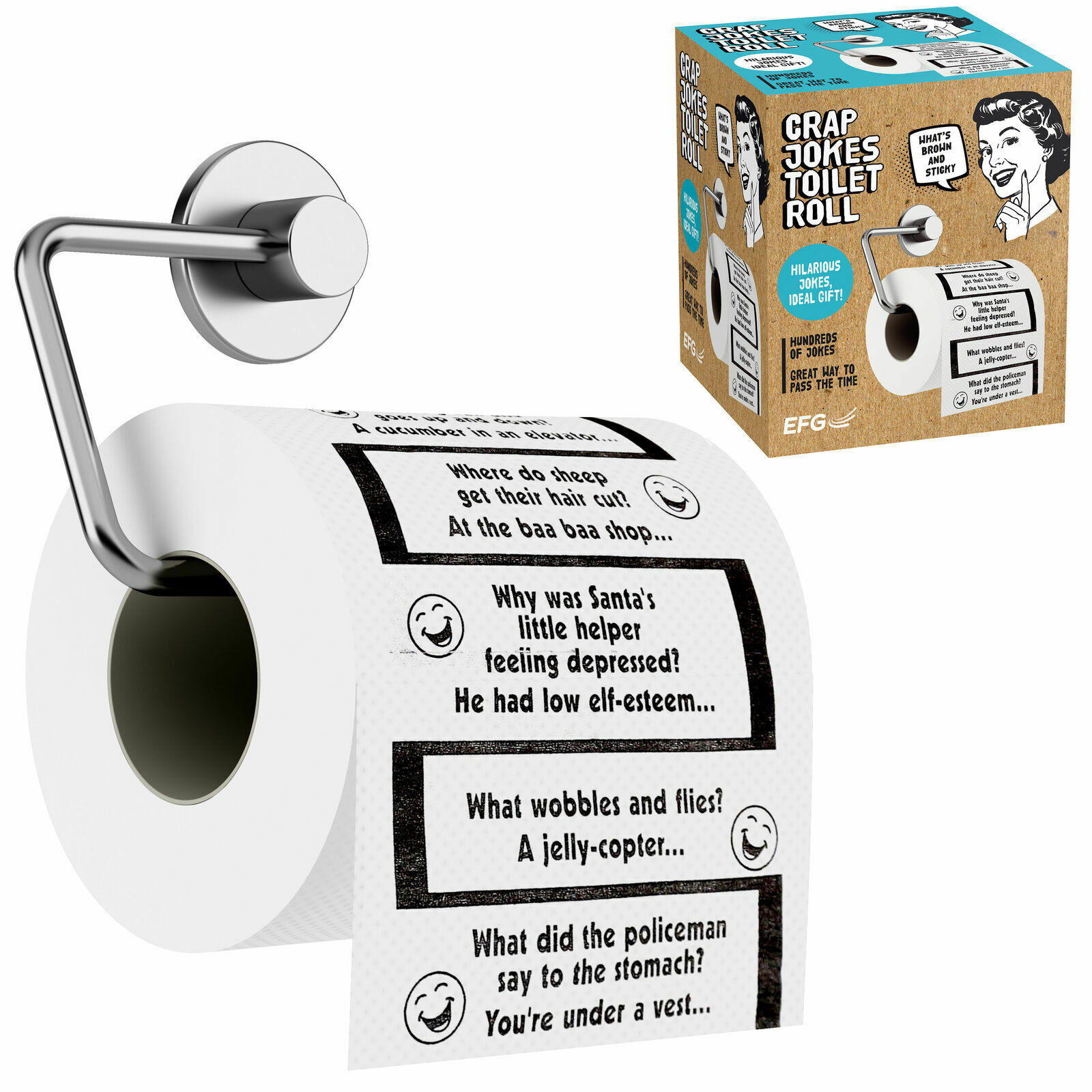A box of Crap Jokes Toilet roll and the roll itself, with jokes like &quot;What did the policeman say to the stomach? You&#x27;re under a vest&quot;