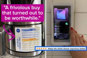 L: a reviewer photo of a cook time chart on an air fryer and a quote reading "A frivolous buy that turned out to be worthwhile.", R: a reviewer photo of a phone in a shower case and a five-star review titled "Makes the whole shower experience better"