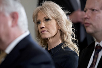 Kellyanne Conway, senior advisor to U.S. President Donald Trump, listens during a news conference.