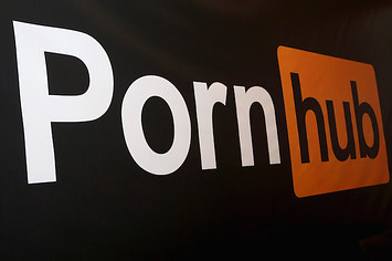 Pornhub logo is displayed at the company's booth during the 2018 AVN Adult Expo.