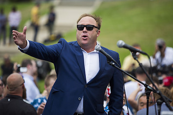 Alex Jones speaks during a rally in support of Donald Trump.