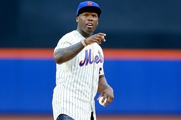 50 Cent throws a first pitch before a Mets game in 2014.