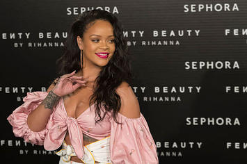 Rihanna at a Fenty Beauty launch in Spain.
