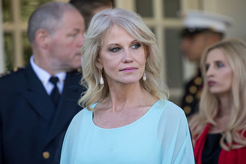 White House counselor Kellyanne Conway, while President Trump speaks on the opioid epidemic
