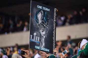 Philadelphia Eagles fan celebrates by holding up a sign during the NFC Championship Game.