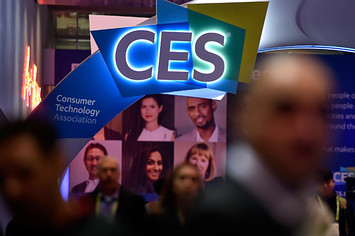 The CES logo is seen during CES 2018 at the Las Vegas Convention Center