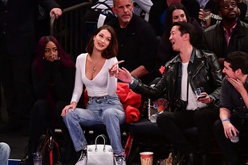 Bella Hadid attends the Los Angeles Lakers Vs New York Knicks game at Madison Square Garden