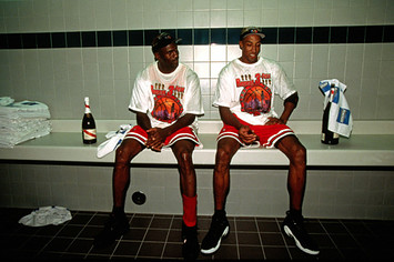 Michael Jordan and Scottie Pippen celebrate after winning the 1998 NBA Championship