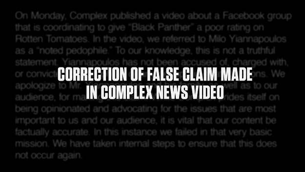 An official correction for the false statement about Milo Yiannopoulos.
