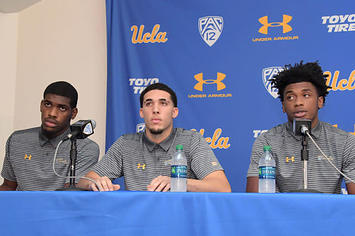 UCLA players Jalen Hill, LiAngelo Ball and Cody Riley apologize during a press conference.