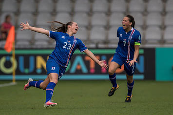 Fanndis Fridriksdottir scores a goal for Iceland in UEFA Women's soccer game.