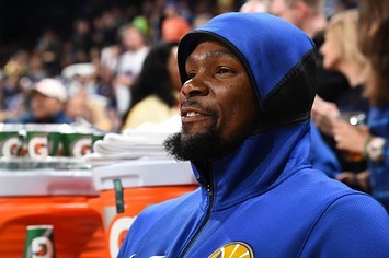 Kevin Durant on the Warriors' bench.