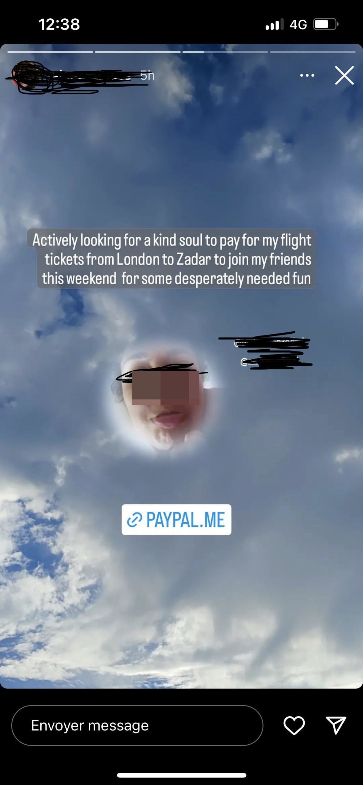 Someone asking for someone to buy them plane tickets so they can vacation with their friends