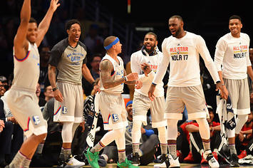 The Eastern Conference bench reacts during the 2017 NBA All Star Game.