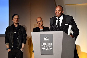 Eminem, Jimmy Iovine and Dr. Dre speak onstage at WSJ Magazine 2014 Innovator Awards