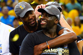 Draymond Green and Kevin Durant celebrate after the Warriors win the 2017 NBA title.