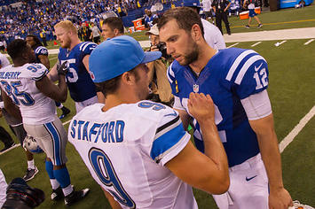 Matthew Stafford and Andrew Luck talk following a 2016 game between the Lions and Colts.