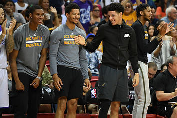 Lonzo Ball laughs with his Lakers teammates during the NBA Summer League.