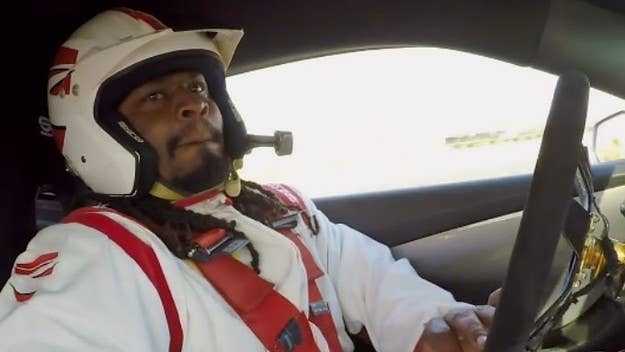Marshawn Lynch got the chance to drive a race car on the premiere episode of his new show, 'No Script,' and it didn't go well.