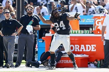 Marshawn Lynch dances on the sideline during a Raiders' win over the Jets.