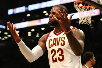 LeBron James reacts to a call.