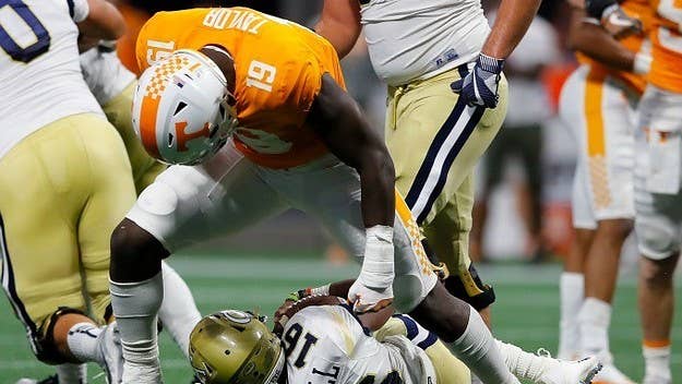 Tennessee football player Darrell Taylor appeared to say, "I'm not going to class," after making a game-winning tackle against Georgia Tech on Sunday.