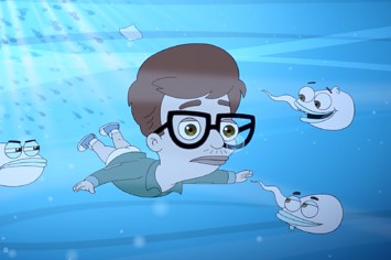 Andrew swimming with sperm in 'Big Mouth'.