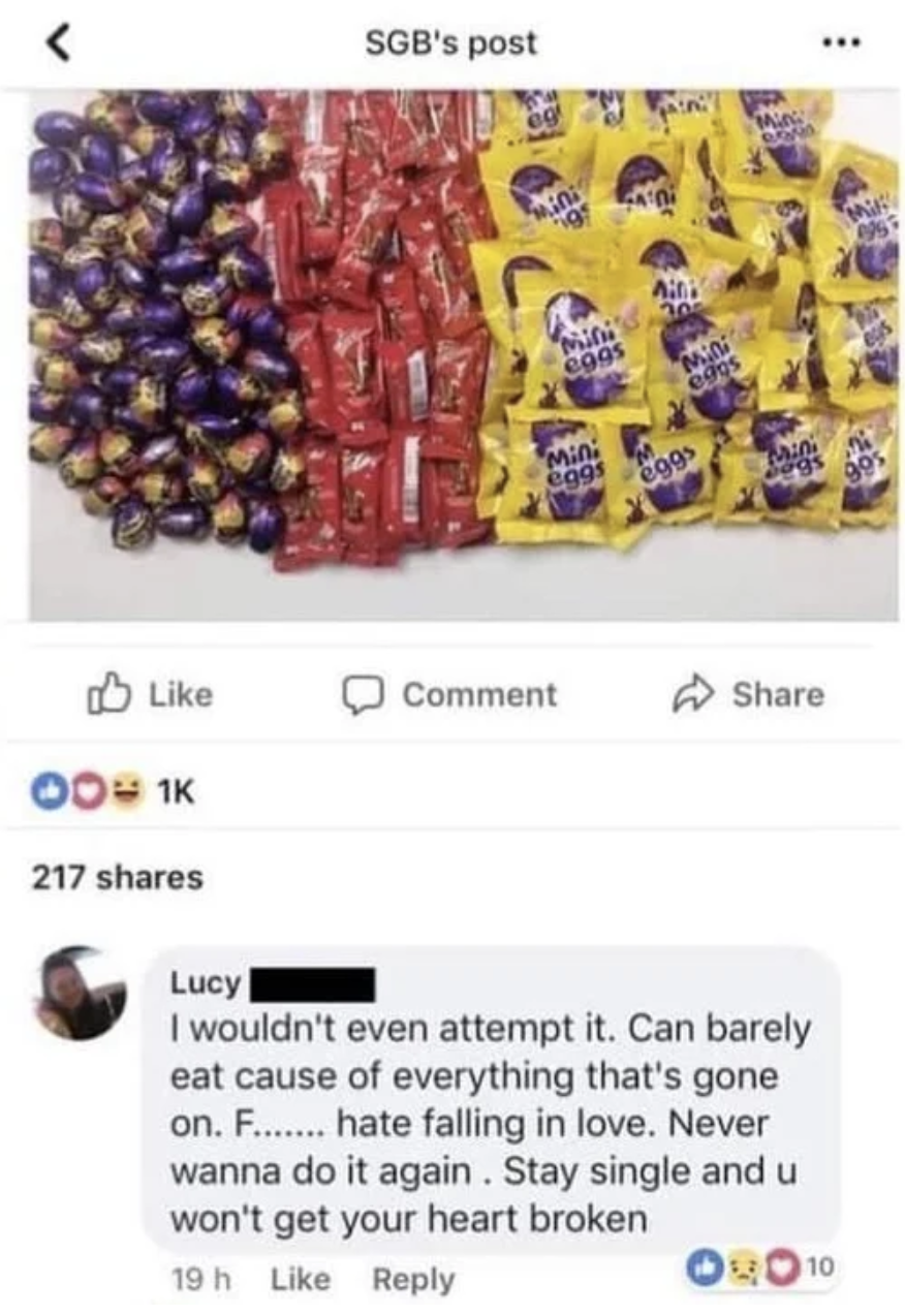 Photo of Easter candy gets response, &quot;I wouldn&#x27;t even attempt it; can barely eat because of everything that&#x27;s gone on; hate falling in love — stay single&quot;