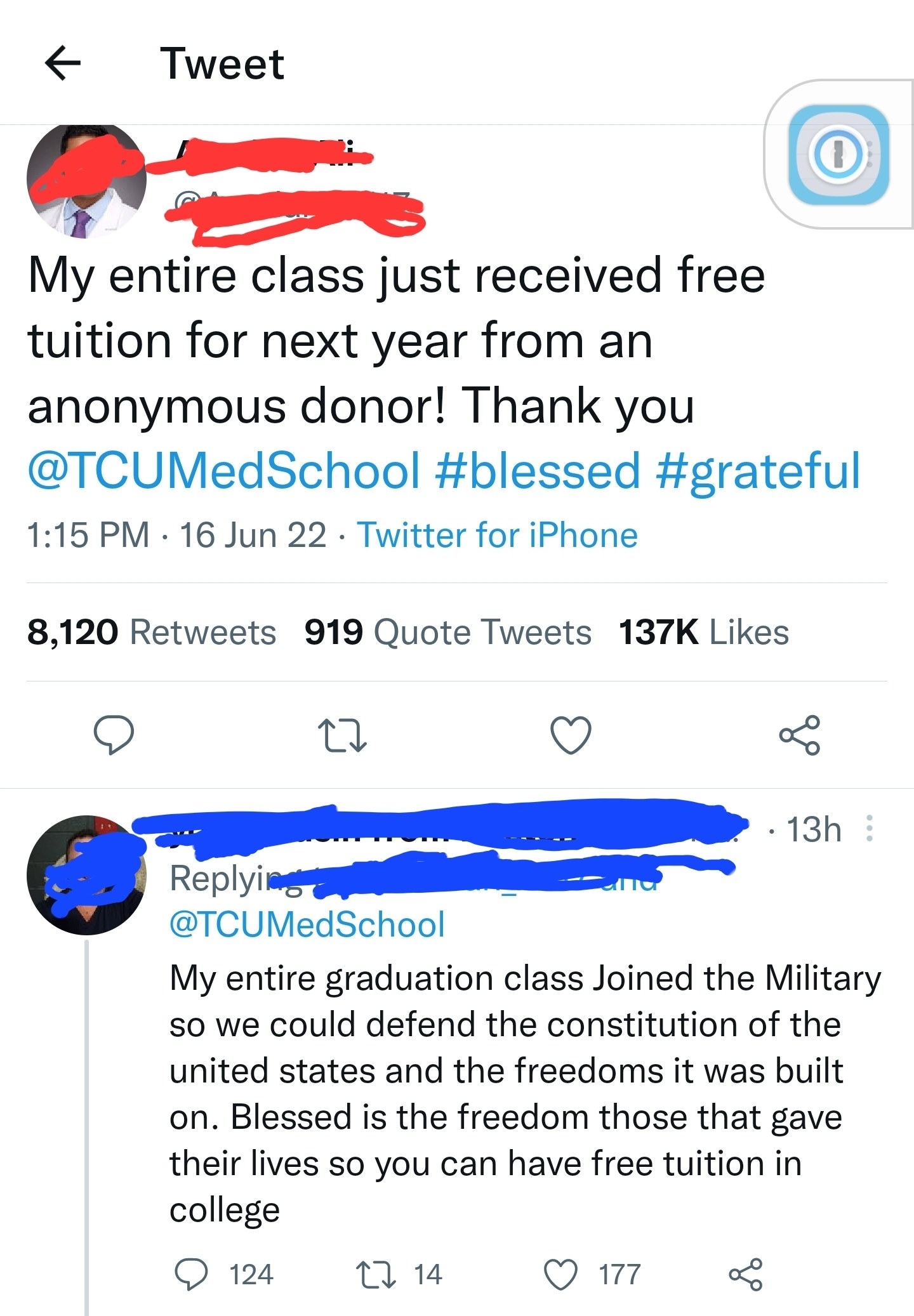 Person says their entire class got free tuition for a year because of a donor, and response is &quot;My entire graduation class joined the military so we could defend the Constitution and the freedoms it was built on&quot;