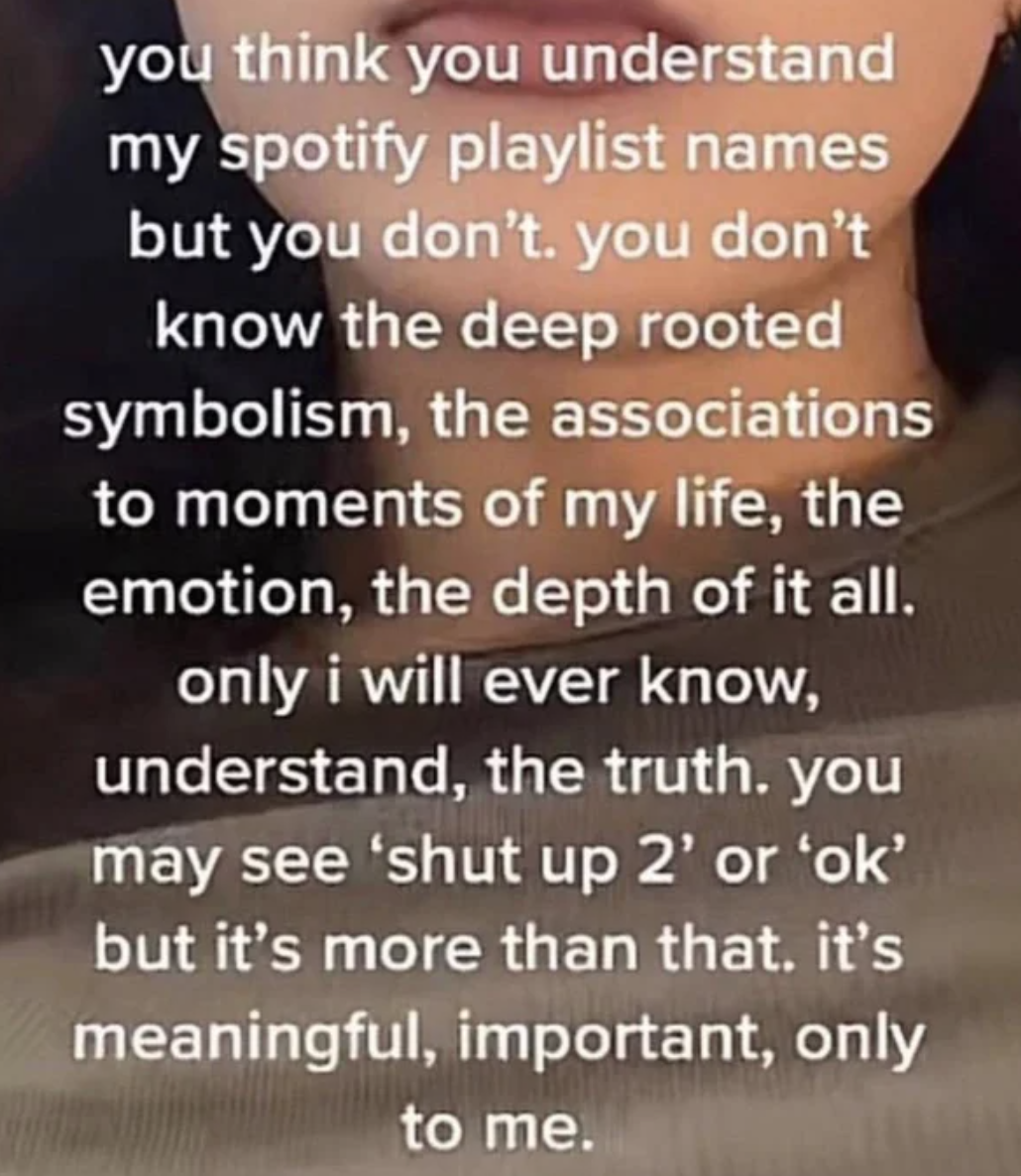 Post about people who think they understand their Spotify playlist names but they don&#x27;t know the deep-rooted symbolism, the emotions, the associations to moment of their life, the depth of it all,