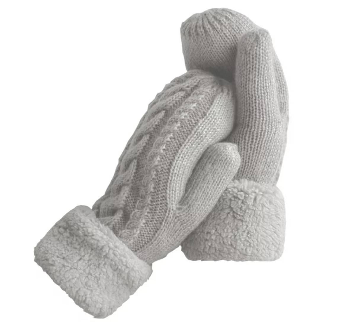 A pair of grey wool knit mittens