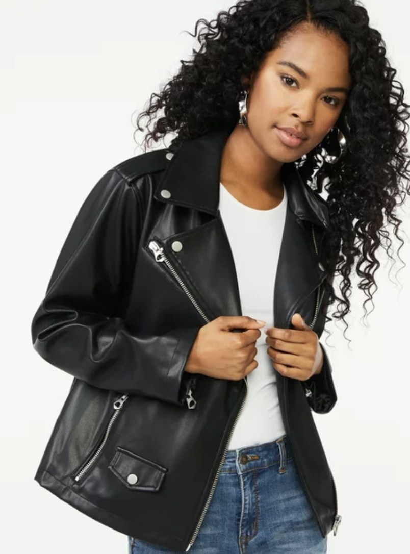 A faux leather moto jacket