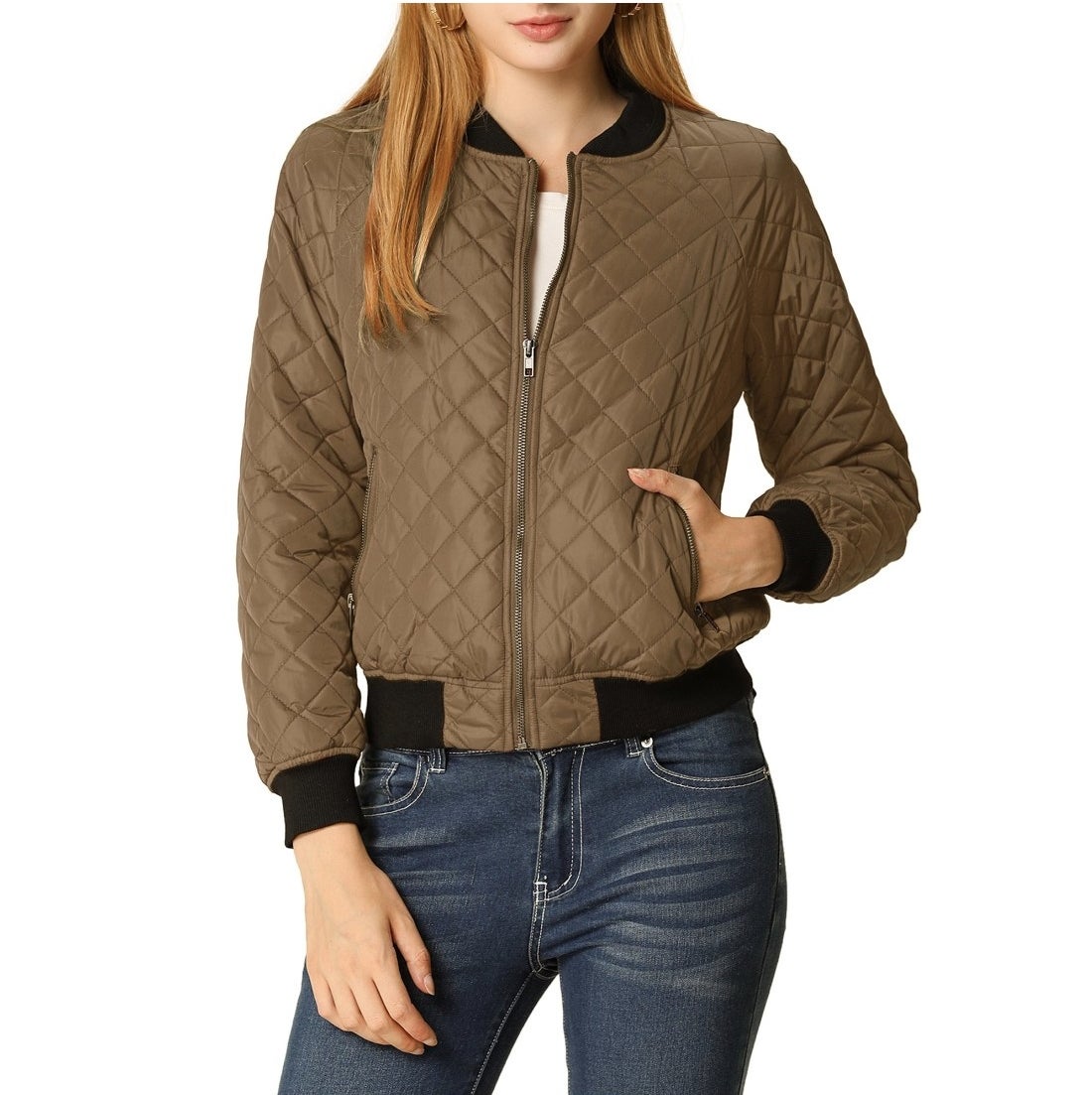 A green quilted bomber jacket