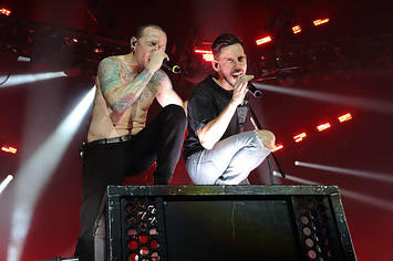 Chester Bennington and Mike Shinoda of Linkin Park perform at The O2 Arena