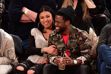 Eniko Parrish and Kevin Hart attend Cleveland Cavaliers Vs. New York Knicks game