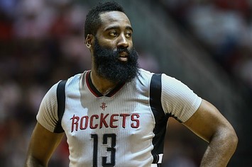 James Harden plays in a playoff game for the Rockets.