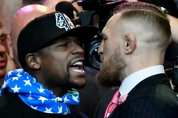 Floyd Mayweather and Conor McGregor go face to face during press conference.