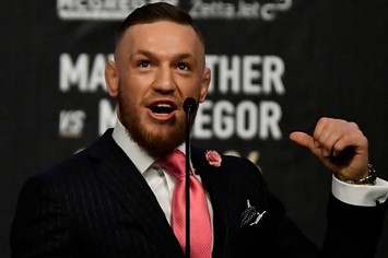 Conor McGregor speaks during a press conference with Floyd Mayweather.