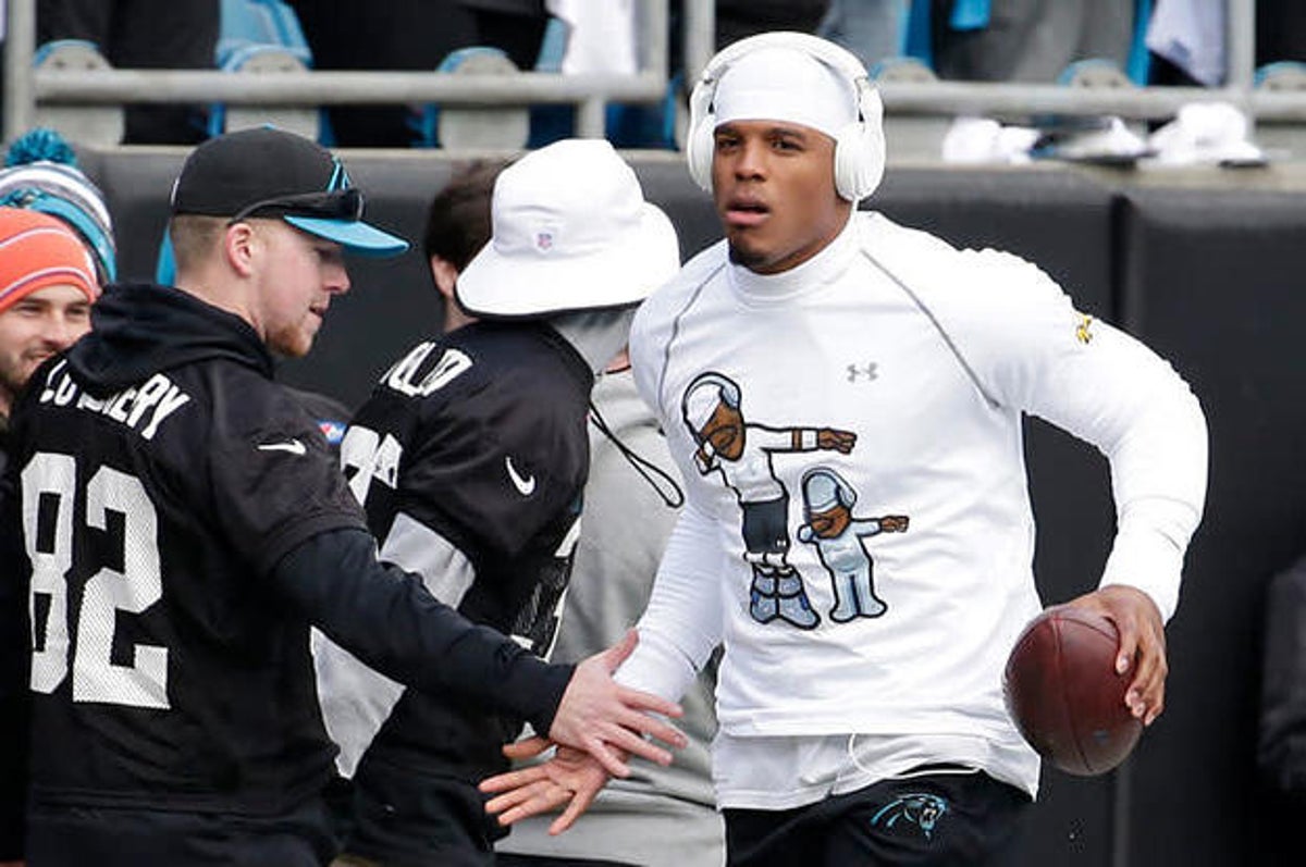 Cam Newton Rocks Father-Son Dabbin' Shirt During Pregame Warmups