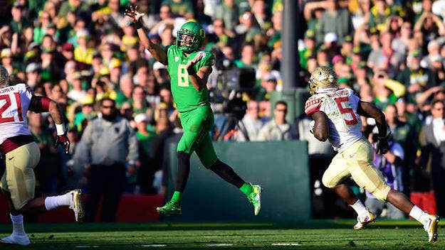 Oregon crushes Florida State 59-20 in the Rose Bowl, advances to the National Championship game.