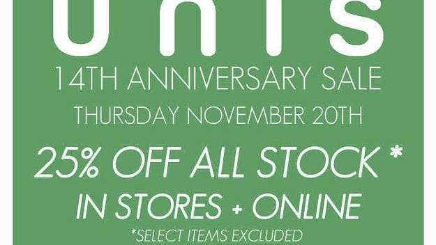 Unis celebrates its 14th anniversary by offering 25 percent off all product for one day only. 