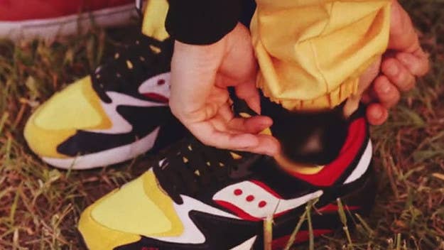 Play Cloths teases upcoming Saucony Grid 9000 "Motocross" sneaker collaboration.