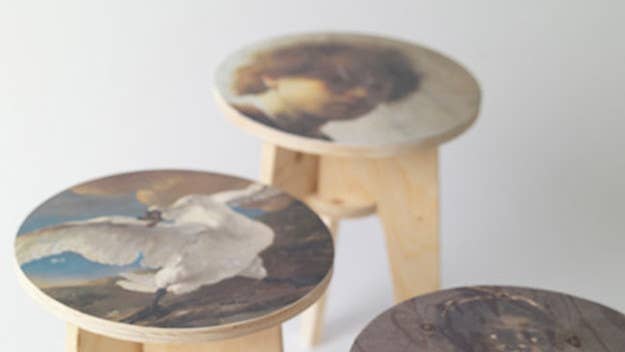 Piet Hien Eek prints famous artworks from Amsterdam's Rijksmuseum onto flatpack plywood stools in his new project.