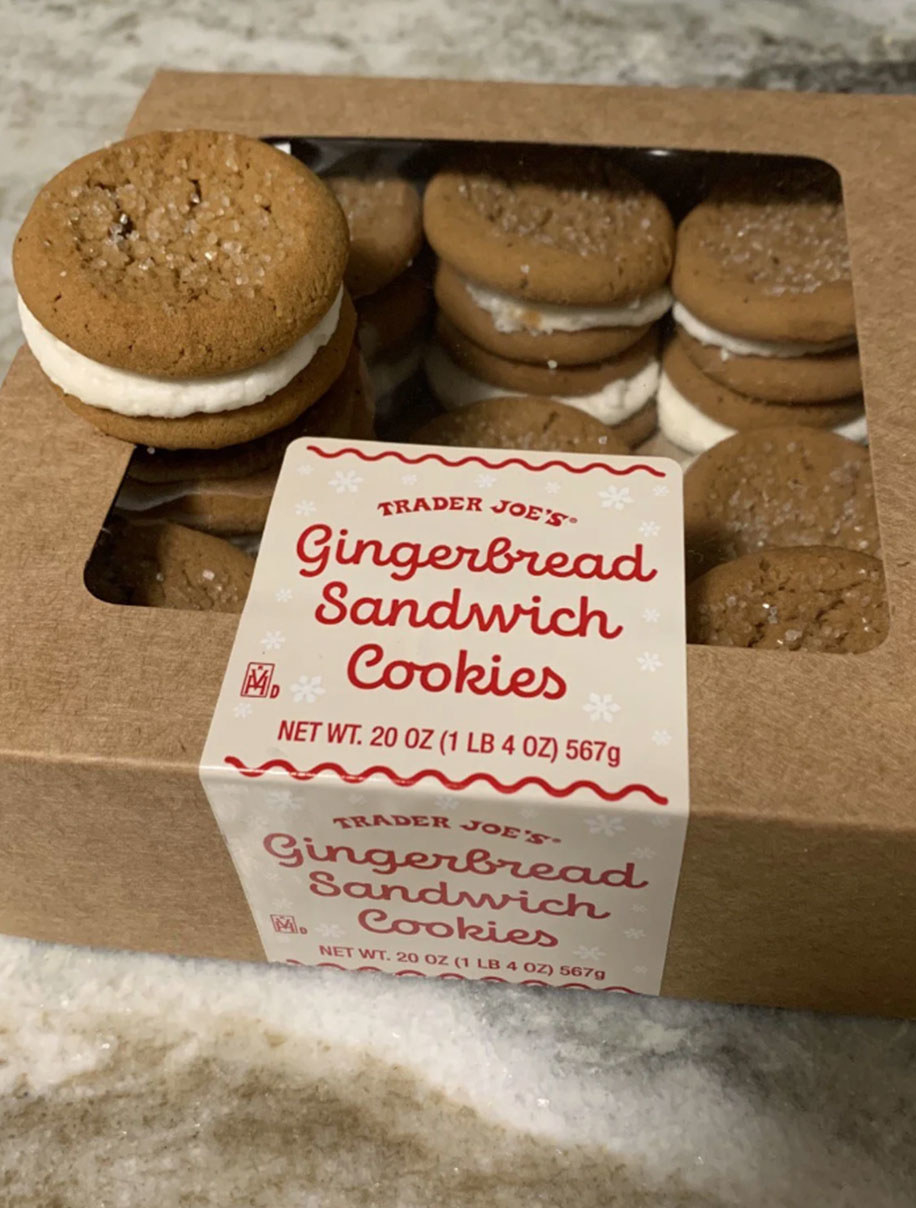 A box of gingerbread sandwich cookies.