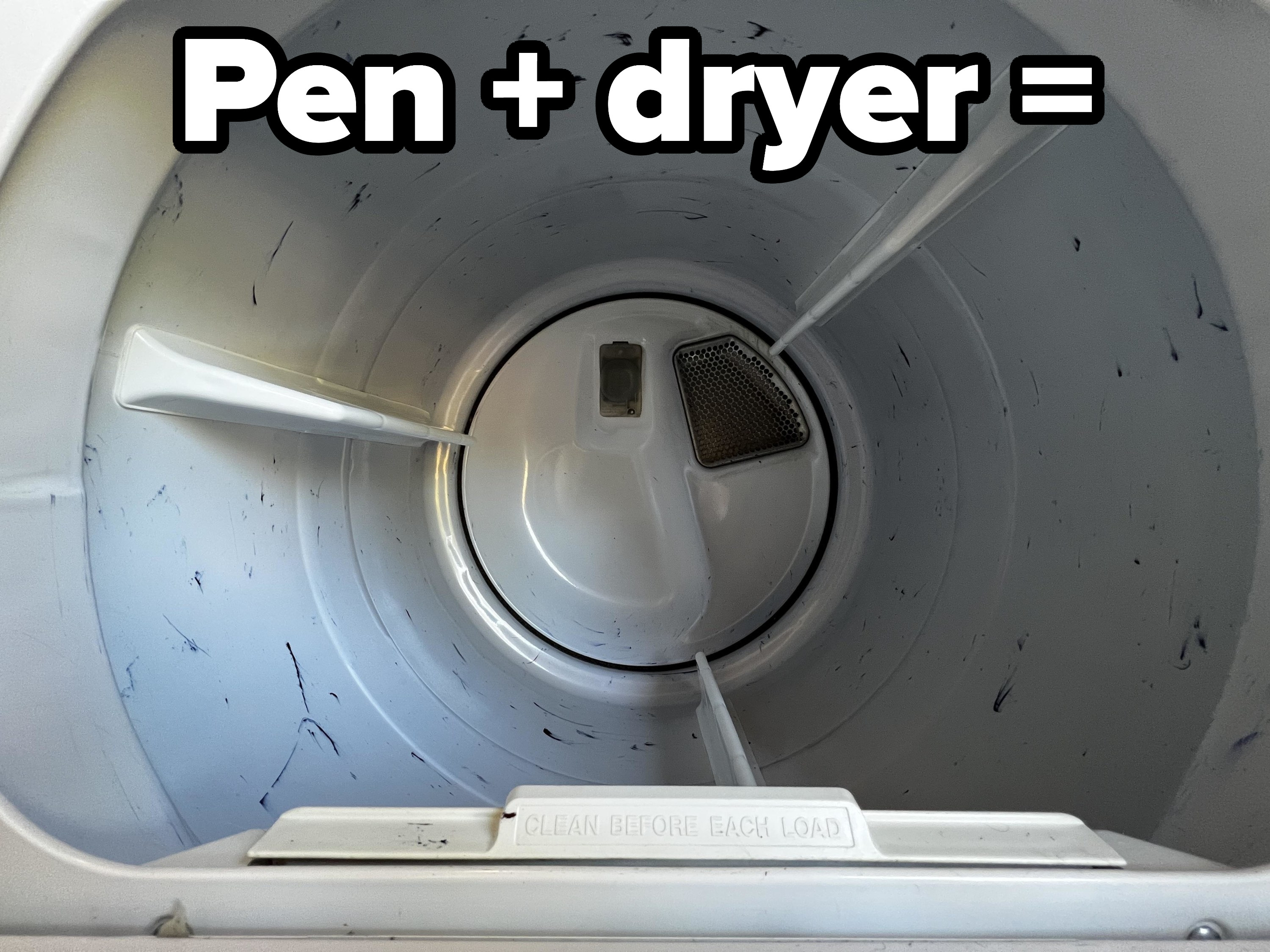 ink on the inside of a dryer and the words &quot;pen + dryer =&quot;