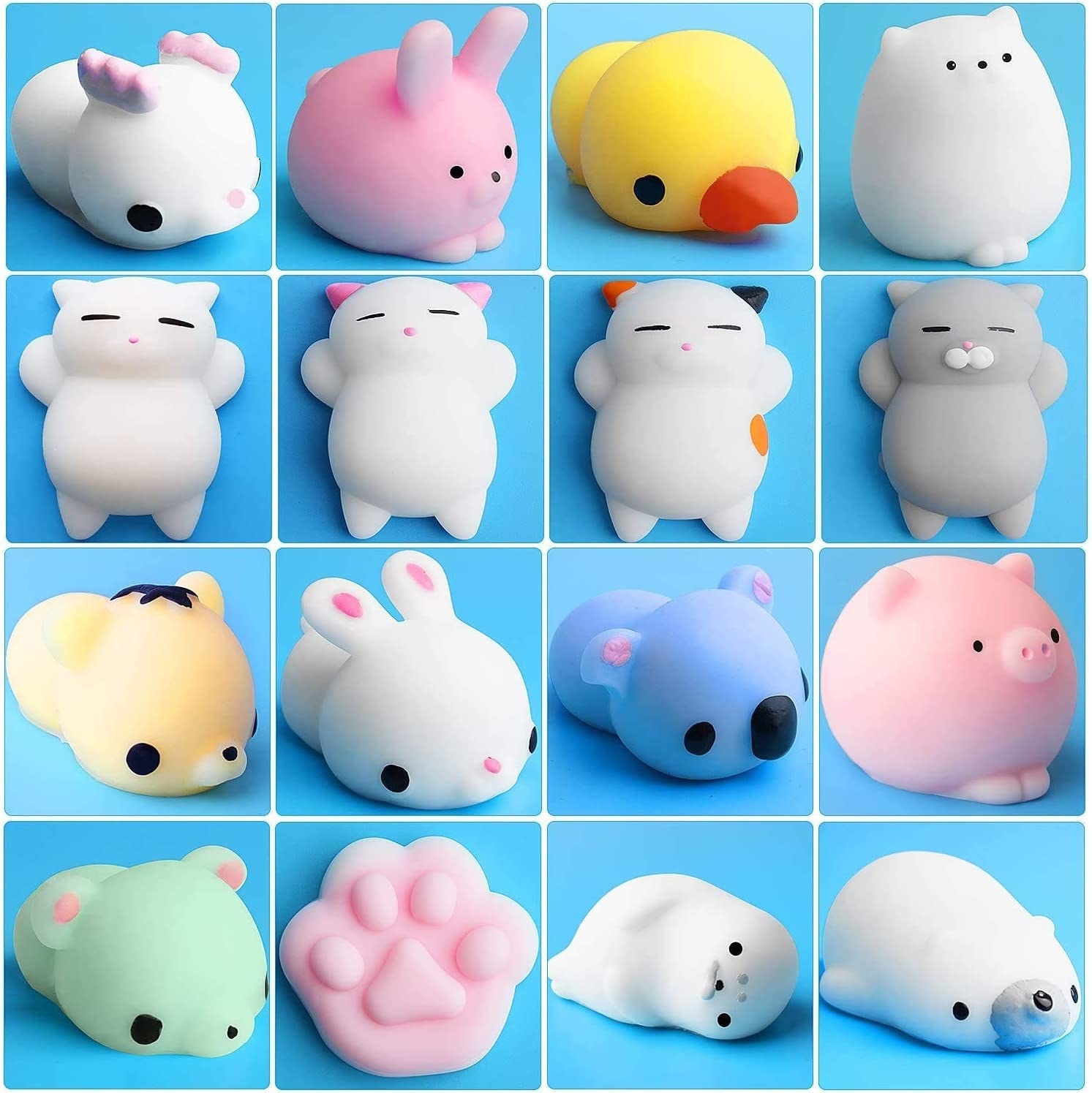the different shapes of squish, including seals, cats, bunnies, koala, and more