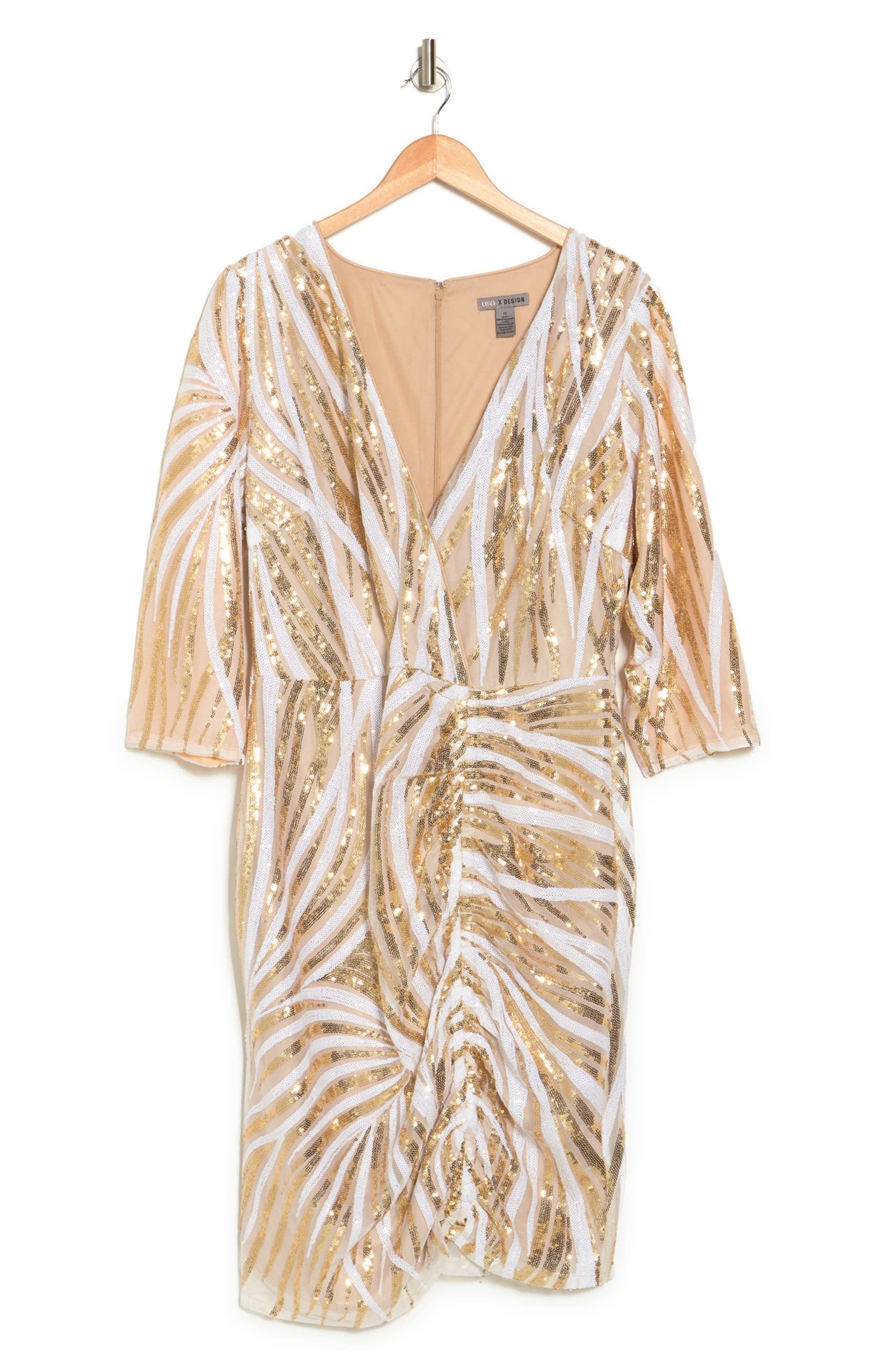 short white midi sleeve dress with a pattern of gold sequins covering a majority of it